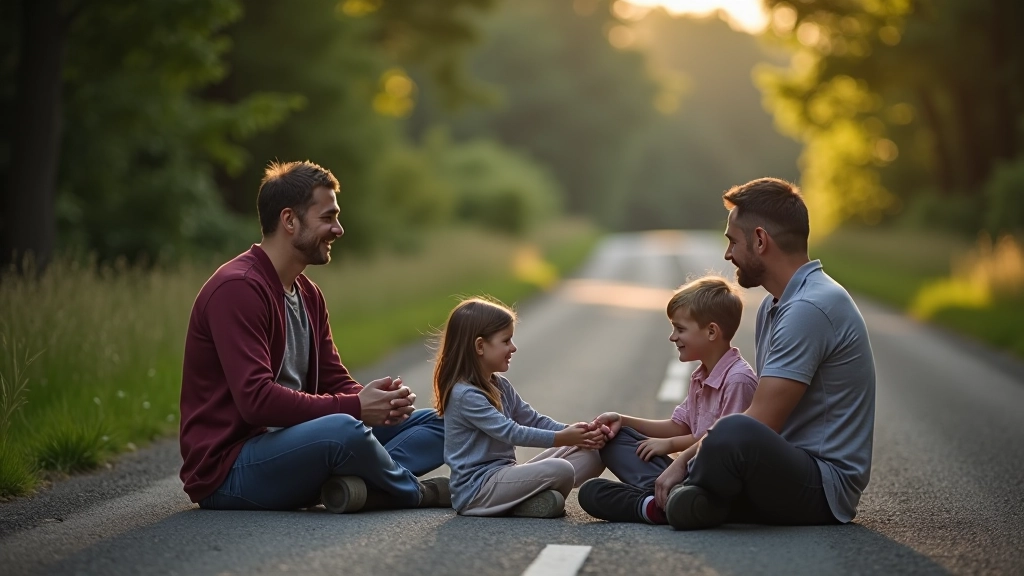 Šeima pailsėjimosi zonoje prie kelio, suaugusieji ir vaikai, ryški dienos šviesa, pokrypio nuo automobilio
