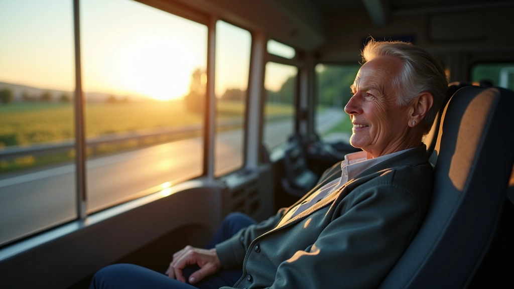Modernus autobusas su komfortabliais sėdynėmis, laisvoje greitkelyje, saulėta diena