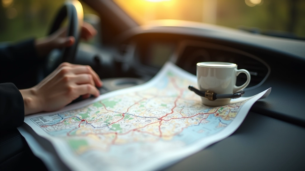 Žemėlapis ant automobilio sėdynės su žymėmis ir maršruto nubrėžta