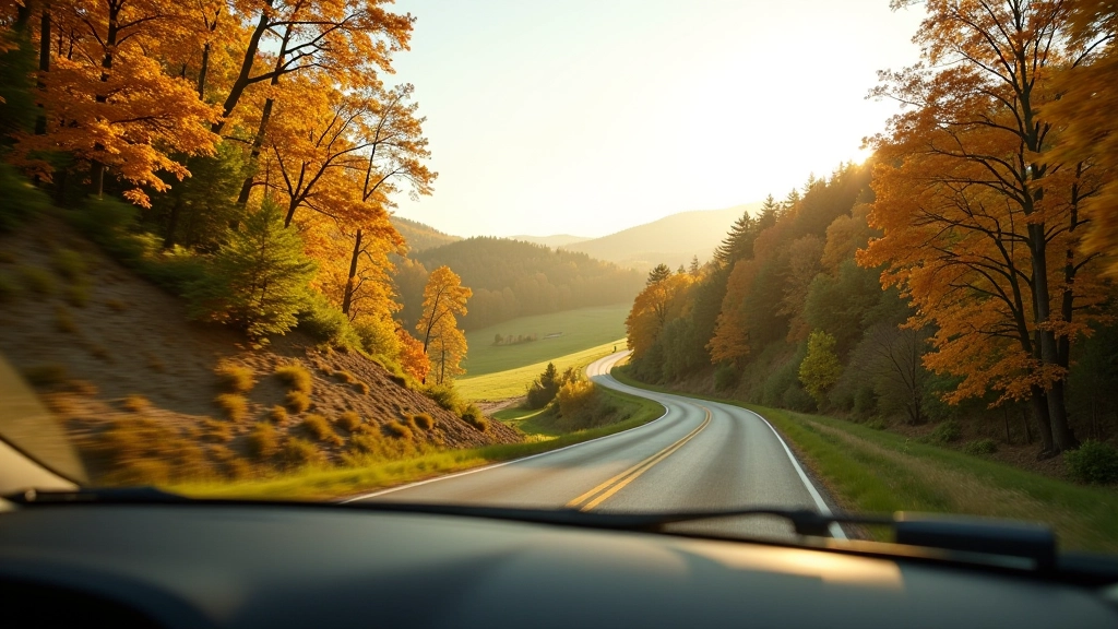 Žalias rudeninis peizažas iš automobilio lango, asfalto kelias vedantis per kalvas ir miškus