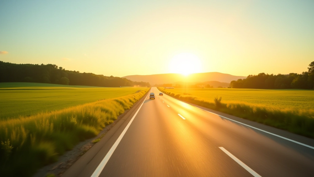 Sausos kelionės vasarą Lietuvoje, žalios pievos ir žydinti saulė, automobilis važiuoja greitkeliu